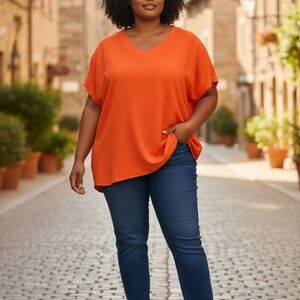 JODIFL Fiery Red V-Neck Blouse Size M stretch material.